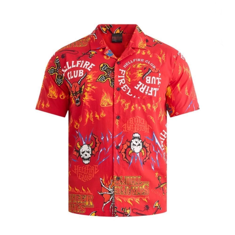 Men's Hellfire Club Print Button-Up Cotton Shirt with Short Sleeves Size L